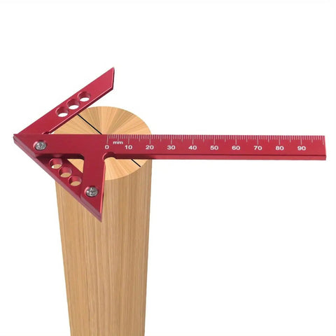 Sick Aluminum Alloy Woodworking Square For Dead Center Layout And 45 90 Degree Angle Measuring Tool With Sharp Scribe Ruler In Bold Red Metric Workshop Finish on a wooden surface.