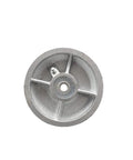 5 inch V-groove replacement wheel, semi steel cast iron, top view of heavy-duty wheel showing roller bearing and sturdy construction.