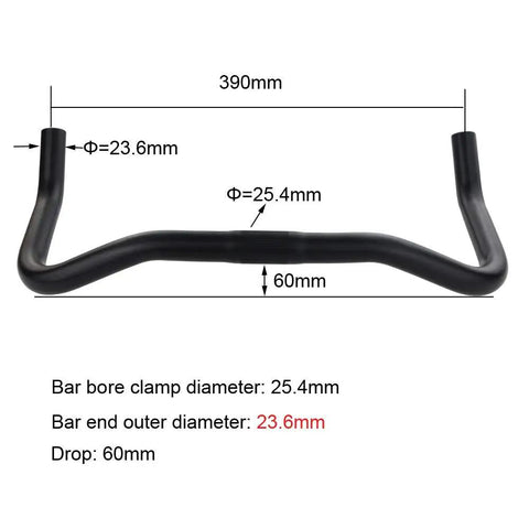 Bullhorn Aluminum Alloy Handlebar 25.4mm By 390mm For Fixed Gear And Road Bikes, 6061 Lightweight Bar dimensions diagram