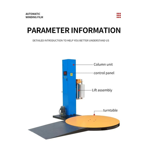 Built Like A Tank Automatic Pallet Wrapper With Plc Touchscreen Panel And Heavy Duty Welded Steel Frame showing control panel, lift assembly and turntable.