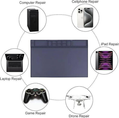 Blue magnetic anti-static work mat with grounding kit; shown with computer, laptop, tablet, drone, and phone.