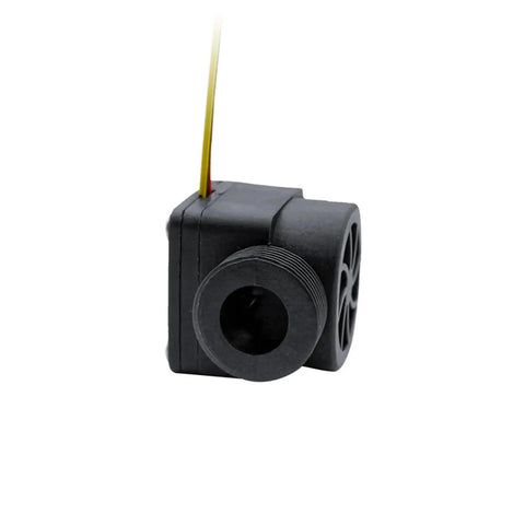 Side view of Compact Nylon Three Quarter Inch DN20 Hall Effect Water Flow Sensor With Liquid Level Switch, black casing, wires visible.