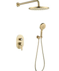 Next Level Luxe Thermostatic Shower System Top Shelf Bathroom Upgrade Wall Mounted Concealed Setup Slick Brushed Gold Tub Mixer with dual shower heads.