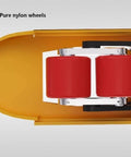 Powerful Electric Pallet Jack With 4400 Lb Capacity And Lithium Battery showing pure nylon wheels for smooth operation.