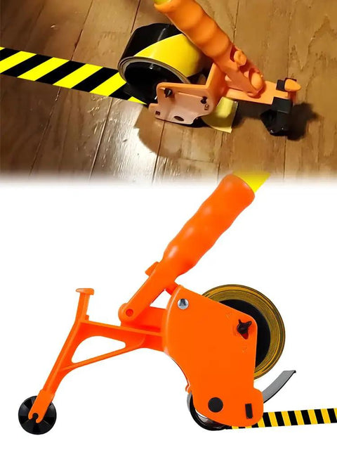 Heavy Duty Floor Tape Applicator For Driveways And Warehouses With Manual Push Marking Tool Non Slip Grip Adjustable Pressure Reusable Tape Roller Workhorse Includes Three Refill Rolls For Aisles And Sports Courts. Orange ABS floor tape applicator with tape roll, shown laying black yellow floor markings