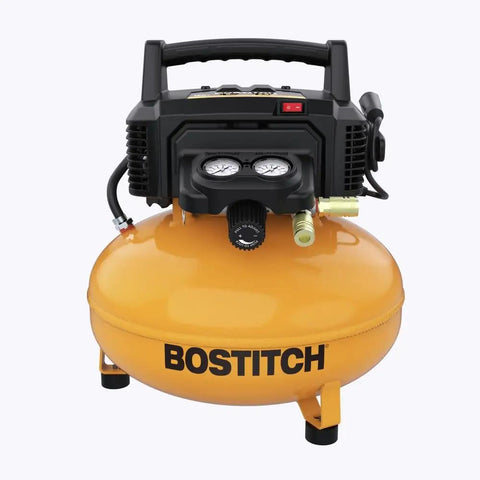 Bostitch 6 Gallon Pancake Air Compressor With Oil-Free Pump And High-Flow Delivery Up To 150 PSI And 2.6 SCFM For Nails, Staples And Finish Work In Garage Or Shop Easy Portability