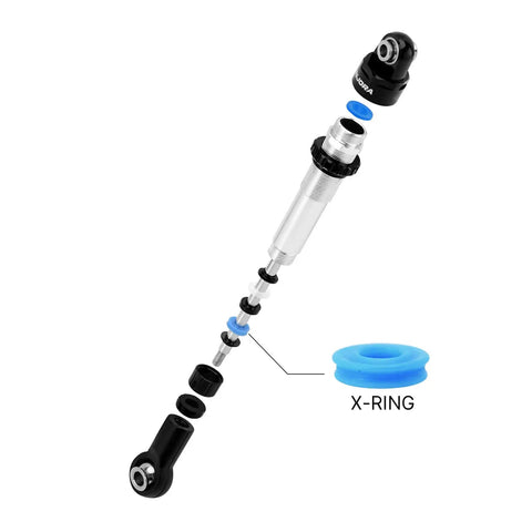 Exploded view of Dual Rate 100mm RC Crawler Shocks With Aluminum Bodies And Nylon Rod Ends For TRX4 SCX10 with labeled X-Ring.