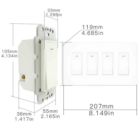 Dimensions of the 4 Gang WiFi Smart Light Switch No Screw Panel Single Pole 2.4GHz No Hub Needed Works With Alexa Google Home