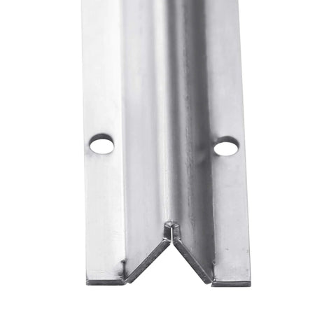 Close-up of heavy duty V groove sliding door track kit with pre-drilled holes and screws, 96-inch total length in two 48-inch sections