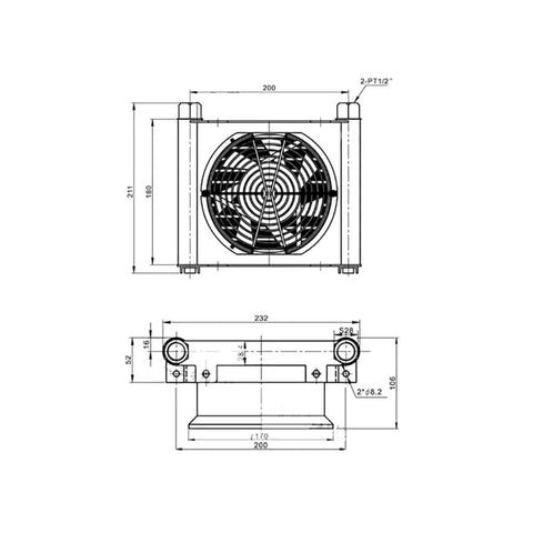 Technical diagram of Heavy Duty Hydraulic Air Cooler For Oil Cooling And Heat Exchanger In Industrial Machines 1.2KW Cooling Capacity.