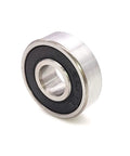 Angled front view of a 608-2RS skateboard bearing with silver metal outer race and black rubber seal.
