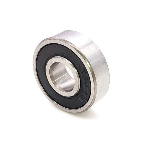 Angled front view of a 608-2RS skateboard bearing with silver metal outer race and black rubber seal.