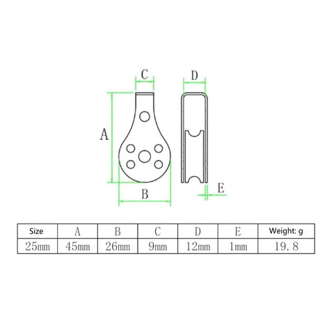 Technical diagram of Two Pack 316 Stainless Steel Pulley Set With Nylon Wheels, Heavy Duty Cable Rope Roller, dimensions 45x26mm.