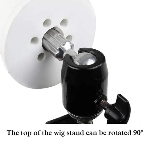 Durable Metal Wig Stand With C Clamp Adjustable Height Table Mount ball joint showing 90° rotation capability