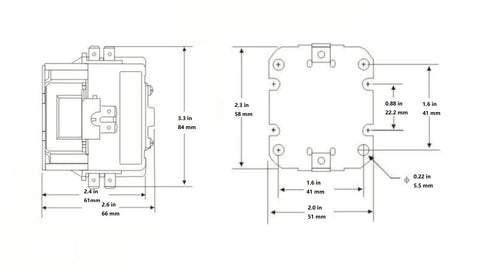 Technical diagram of One Pole 24V Air Conditioner Contactor With 32 Amp FLA Heavy Lug Terminals And Quick Connect 600V Rated dimensions.