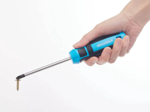 Hand holding a blue magnetic screwdriver with a screw attached, from the Magnetic Screwdriver Set 29 Piece With Assorted Bits Including Phillips Slotted Star Hex And Square Magnetizer Demagnetizer And Storage Case All In One Home Repair Hand Tool Kit For Quick Fixes And Everyday Projects.