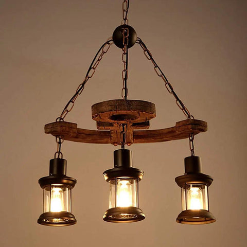 Industrial Hanging Lantern Chandelier With Three Lights, Loft Style Wooden Anchor Pendant Lighting Fixture For Kitchen Bar Restaurant, E26/E27 Base, Bulbs Not Included