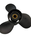 Aluminum Three Blade Propeller For 40 To 140HP BRP Johnson Evinrude OMC Stern Drive With Thru Hub Exhaust And 13 Spline Right Rotation 13 And A Quarter By 17 Inches Durable Easy To Maintain, top view showing hub and blades.