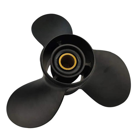 Aluminum Three Blade Propeller For 40 To 140HP BRP Johnson Evinrude OMC Stern Drive With Thru Hub Exhaust And 13 Spline Right Rotation 13 And A Quarter By 17 Inches Durable Easy To Maintain, top view showing hub and blades.