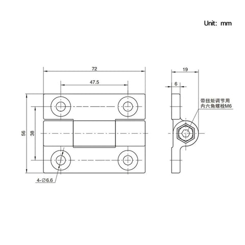 Technical drawing of flat opening torque hinge for cabinets, measurements in mm, side and front view shown