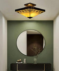 Tiffany Style Two Light Craftsman Semi Flush Ceiling Light With Antique Art Glass Shade In Beige in a hallway setup
