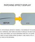 Patching effect display showing before and after using Windshield Repair Kit 10 Pack With Nano Glass Repair Fluid For Chips And Cracks Quick Fix Works On Laminated Glass Car Windows DIY Window Repair Tool Black.