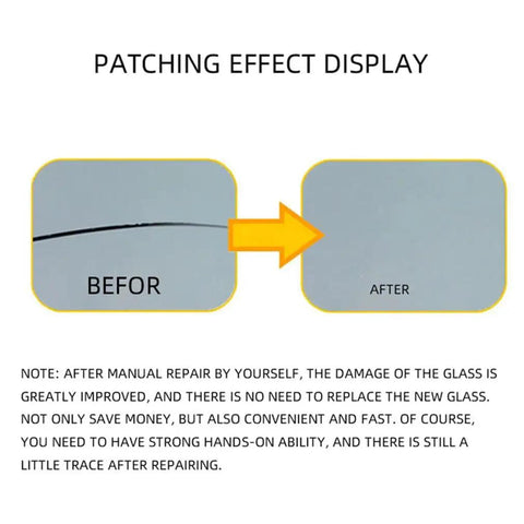 Patching effect display showing before and after using Windshield Repair Kit 10 Pack With Nano Glass Repair Fluid For Chips And Cracks Quick Fix Works On Laminated Glass Car Windows DIY Window Repair Tool Black.