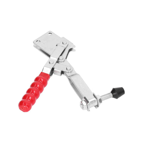 Welding Toggle Clamp Hold Down Bench Clamp With Quick Release Lever For Track System And Metal Fabrication DIY Projects Equipment Installation 749.6 Lb Clamping Force Iron Construction with red handle.