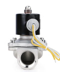 Heavy Duty 1 Inch Stainless Steel Electric Solenoid Valve 110VAC Normally Closed For Air Water Gasoline Diesel Fuel And More For Home Or Industrial Use In Plumbing And Fluid Control Applications, front view.