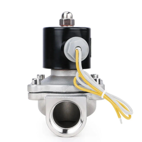 Heavy Duty 1 Inch Stainless Steel Electric Solenoid Valve 110VAC Normally Closed For Air Water Gasoline Diesel Fuel And More For Home Or Industrial Use In Plumbing And Fluid Control Applications, front view.