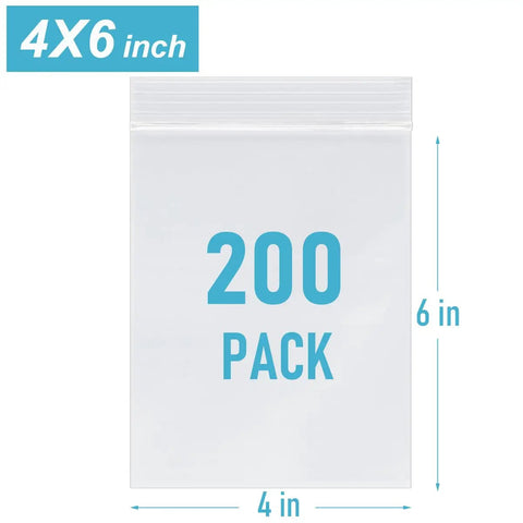 Clear Zip Bags 4 By 6 Inch Pack Of 200 Reclosable Plastic Bags 2 Mil Thick Food Grade Safe Mini Baggies with measurements.