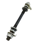 Hardened Steel Front Bike Hub Axle 150mm 3/8 Inch 26 Tpi Black With Cone Lock Nut Washer Kit, close-up view.