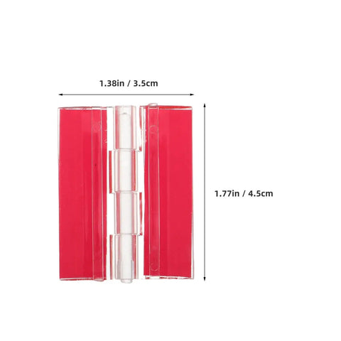 Clear view of Six Pack Self Adhesive Transparent Piano Hinges 45mm in red, dimensions 1.38in x 1.77in highlighted.