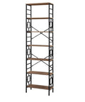 Sturdy 84 Inch Tall Industrial Bookshelf With Rustic Brown Metal Frame And Seven Open Shelves For Cozy Living Room And Bedroom, side view.