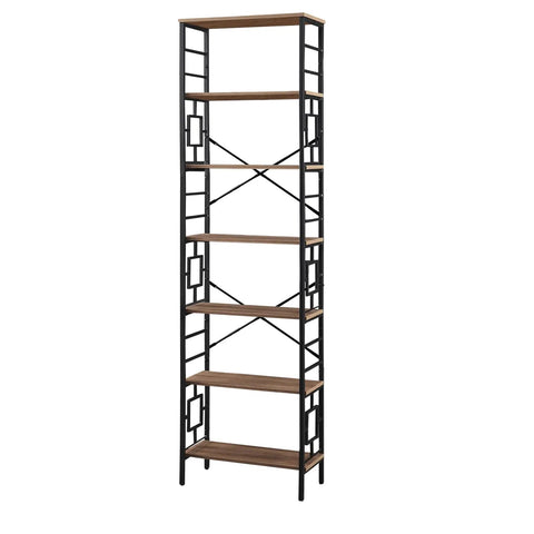 Sturdy 84 Inch Tall Industrial Bookshelf With Rustic Brown Metal Frame And Seven Open Shelves For Cozy Living Room And Bedroom, side view.