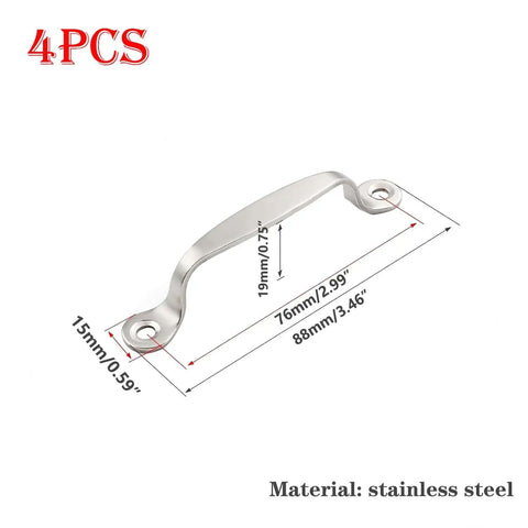 Four Pack 3.5 Inch Stainless Steel Door Pull Handles With Screws, 76mm center spacing, showing dimensions and material details.