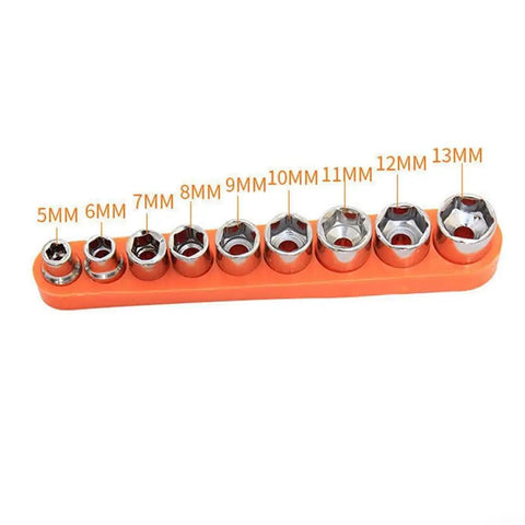 Snag This Solid Mini Ratchet Wrench Set With 1/4 Inch Drive And Nine Proven Metric Sockets From 5mm To 13mm on a tool holder.