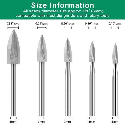 Five wood carving drill bits set with 1/8 inch shanks for wood engraving and carving (front view)