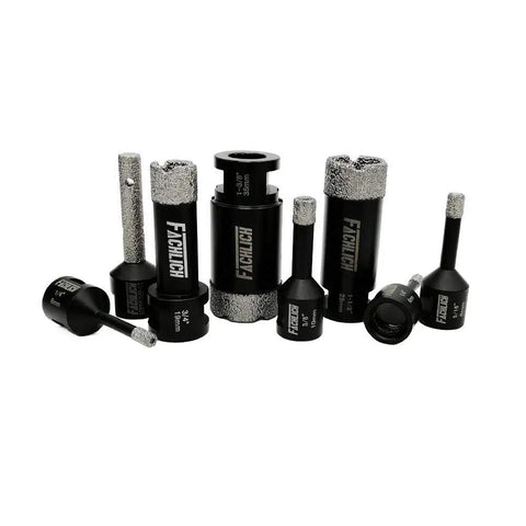 Assorted sizes of Pro Grade Diamond Drill Bit Set Tile Hole Saw Kit with core bits and adapters for porcelain tile, granite, and masonry.