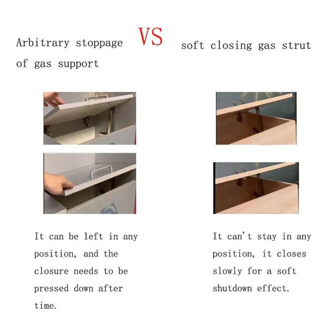 Comparison of arbitrary stoppage gas support and soft closing gas strut for lid support with visual examples.