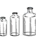 Front view of three clear glass gas-washing reaction bottles in varying sizes.