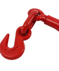 Close-up of red G70 hook, part of Heavy Duty Ratchet Chain Binder Set Three Eighths To One Half Inch Four Pack Tie Down Tool.