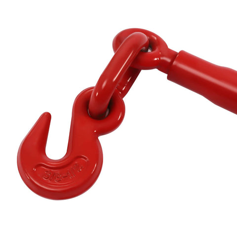 Close-up of red G70 hook, part of Heavy Duty Ratchet Chain Binder Set Three Eighths To One Half Inch Four Pack Tie Down Tool.