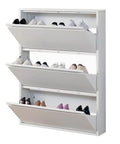 Slim 3 Flip Drawer Shoe Storage Cabinet, Hidden Narrow Wall Mount Metal Shoe Rack For Entryway, White, Space Saving Organizer