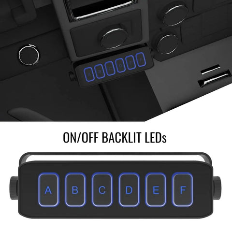 Universal Weatherproof Rocker Panel Switch Box with backlit on/off and momentary switches, aluminum housing, labeled A-F