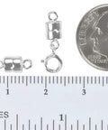 Two Sterling Silver Magnetic Converter Clasps For Small Necklaces No Fuss Easy Clip Works With Spring Ring Or Small Lobster Clasps 4mm Core Diameter Converts To 16mm Necklace Length With 5mm Spring Ring USA Made Jewelry Repair Accessory next to a dime for size comparison and ruler for measurement.