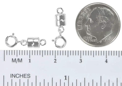 Two Sterling Silver Magnetic Converter Clasps For Small Necklaces No Fuss Easy Clip Works With Spring Ring Or Small Lobster Clasps 4mm Core Diameter Converts To 16mm Necklace Length With 5mm Spring Ring USA Made Jewelry Repair Accessory next to a dime for size comparison and ruler for measurement.