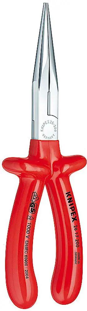 Long Nose Pliers With Cutter 1000V Insulated Electricians Tool with red handles and slim precision tips for electrical work.
