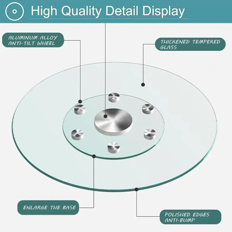 Extra Large Round Glass Lazy Susan Turntable detail showing aluminum alloy wheel and thickened tempered glass surface.