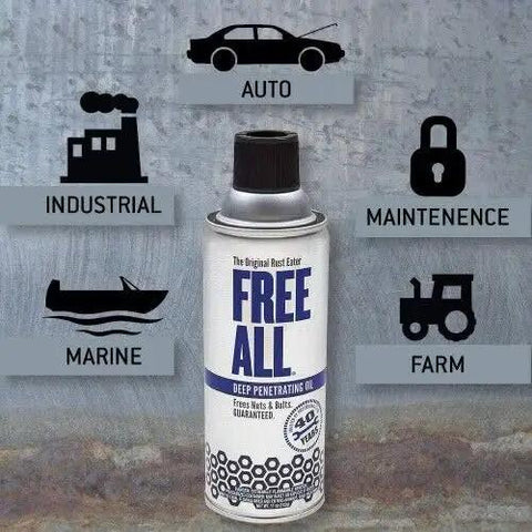 Can of 11 Ounce Penetrating Oil For Rust And Corrosion Loosens Stuck Parts Instantly Penetrates Scale Tar Grease Carbon And Graphite Residue Ideal For Tools Machinery Auto Components with icons for auto, industrial, maintenance, marine, and farm use.